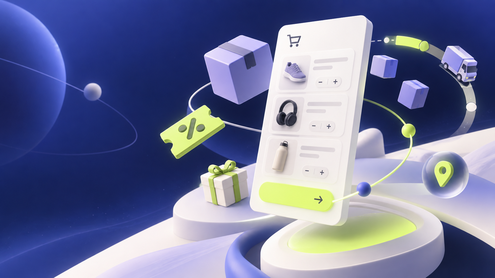 Illustration of products, gifts, discounts and shipping moving around a smart ecommerce cart