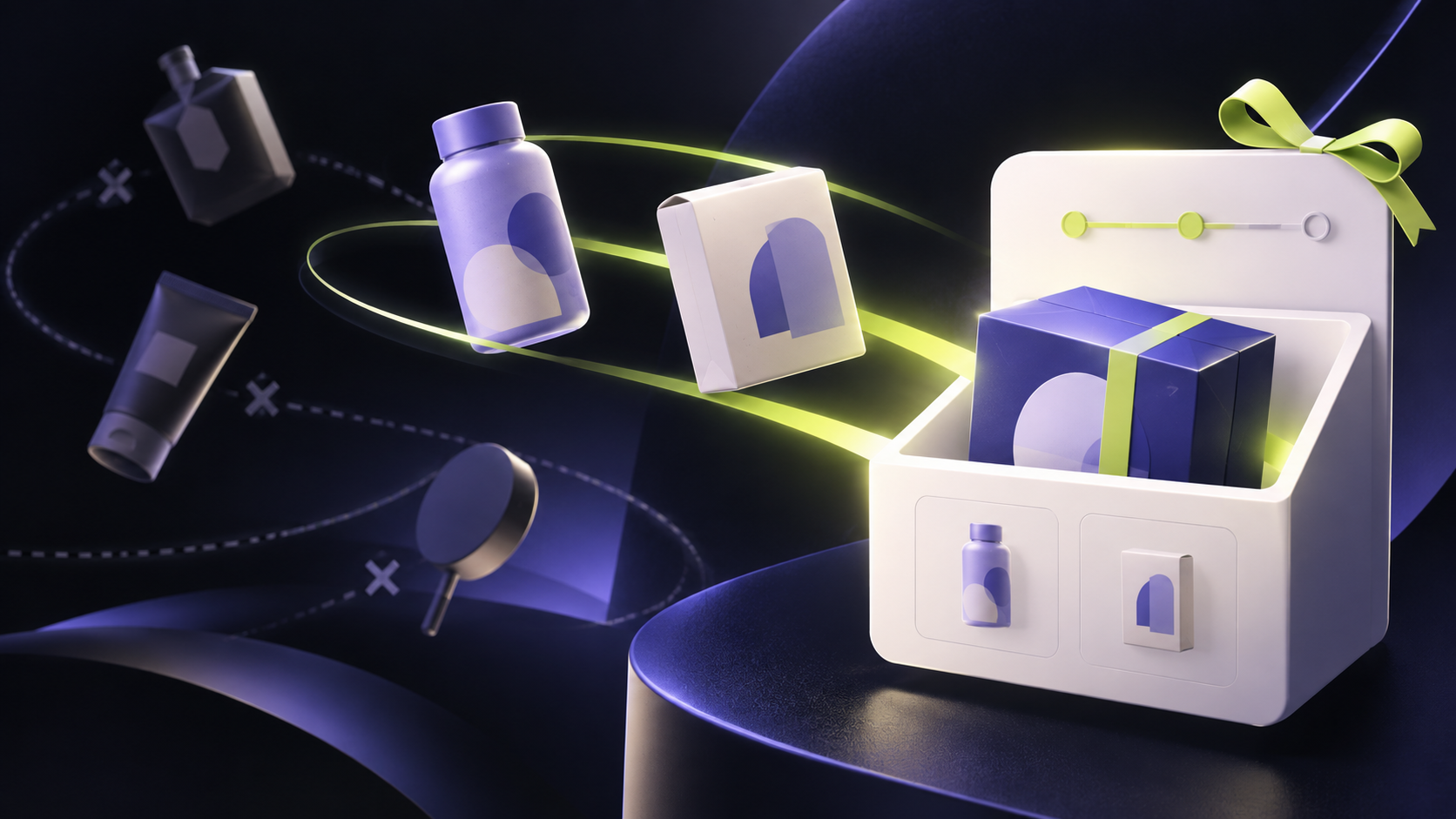 Illustration of relevant products moving into a cart while unsuitable products move away